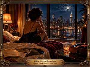 A woman in a black silk dress sits pensively on a rumpled bed, gazing across a moonlit city skyline. Warm amber lamps contrast with deep blue night, while burgundy velvet, roses, vinyl records, and candlelight evoke romantic loneliness. An ornate black and gold musical frame surrounds the cinematic, nostalgic scene.