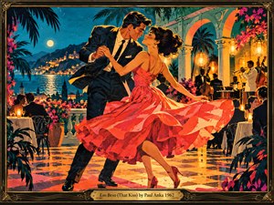 A sharply dressed couple dances beneath a moonlit Mediterranean sky, her coral dress sweeping across a lantern-lit terrace. Turquoise water, distant village lights, palm fronds, and pink blossoms surround candlelit diners and a lively jazz band. Bold screen-printed textures, warm golden highlights, and an ornate black-and-gold frame evoke playful 1960s romance.