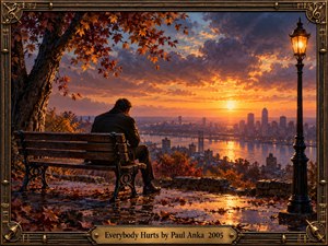 A solitary man sits hunched on a rain-soaked bench beneath an autumn tree, overlooking a distant city and river at sunset. Warm amber light pierces deep blue clouds, illuminating reflections across wet stone. Ornate bronze framing surrounds this cinematic oil painting, balancing loneliness, quiet reflection, and the gentle promise of hope.