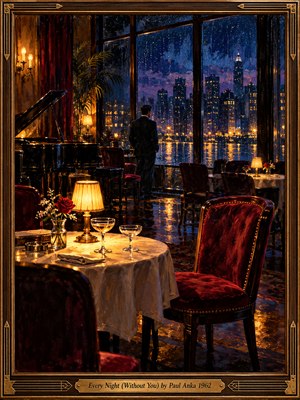 Inside an ornate brass-and-wood frame, a solitary man gazes across a rain-soaked city from a quiet 1960s lounge. A grand piano, empty burgundy chairs, and a lamplit table set for two suggest aching absence. Golden reflections shimmer against midnight blues and violet skies in this richly textured, cinematic oil painting.