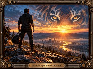 A lone figure stands on a rugged cliff overlooking a misty city and winding river as the sun rises over distant mountains. Colossal amber tiger eyes emerge from stormy clouds, symbolizing courage and determination. Fiery gold light contrasts with deep blue shadows, framed by ornate bronze metalwork and feline medallions.