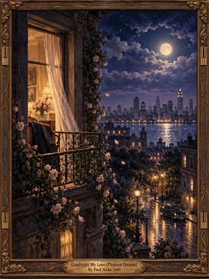 A moonlit city shimmers beyond a rose-covered balcony, where a warmly illuminated room suggests quiet romance. Indigo clouds surround a glowing full moon above distant skyscrapers, while golden streetlights reflect across rain-slick pavement. Delicate drifting petals, rich oil-painted textures, and an ornate bronze musical frame create a tender, nostalgic atmosphere.