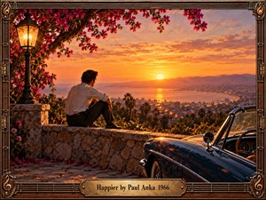 A contemplative man sits on a stone terrace above a glowing coastal city and calm bay, watching the sun sink behind distant mountains. A vintage streetlamp and deep blue convertible frame the foreground, while magenta blossoms arch overhead. Warm orange light, textured painterly detail, and ornate bronze musical framing evoke wistful romance and renewed hope.
