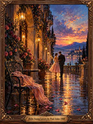 A young couple shares a tender moment on a rain-slicked terrace overlooking a glowing lakeside town at sunset. Golden lanterns illuminate climbing roses, ornate architecture, and a flowing pink shawl. Lavender clouds and shimmering reflections create nostalgic romance in this richly textured oil painting, enclosed within an elaborate gilded frame.