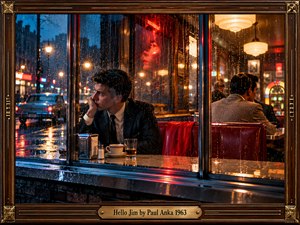 Through a rain-streaked diner window, a solitary man in a dark suit gazes toward a neon-lit 1960s street. Amber lamps, scarlet booths, coffee, and a half-filled glass heighten the melancholy. Another figure faces away amid blue and red reflections. Cinematic photographic realism is enclosed by ornate walnut and brass framing.