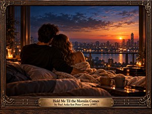 A couple sits close together beneath a soft blanket, facing a city skyline as dawn breaks beyond tall windows. Candlelight warms the dark bedroom, rumpled bedding, coffee mugs, and turntable, while orange sunlight glows against deep blue clouds and water. An ornate dark wood and brass frame adds nostalgic elegance.
