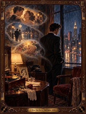 A solitary young man in a dark suit gazes through a rain-streaked window overlooking a glowing midnight city. Warm amber lamplight illuminates vintage furnishings, roses, and photographs, while swirling memories of romance soften the melancholy atmosphere. Rich oil brushwork, deep blues, and an ornate musical frame evoke bittersweet nostalgia.