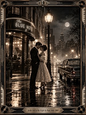 A tender couple stands close beneath a glowing streetlamp outside a jazz club on a rain-slicked city street. A vintage car, distant skyline, and full moon dissolve into mist. Warm sepia highlights illuminate the cinematic monochrome photograph, while an ornate musical frame and engraved title plate deepen its nostalgic romance.