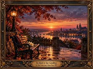 An ornate bronze and dark wood frame surrounds a romantic sunset overlooking a reflective river, arched bridge, and glowing historic skyline. A rain-soaked terrace features a wrought iron bench, white flowers, autumn leaves, and a glowing lantern. Golden pink light, crimson foliage, and intricate musical motifs evoke nostalgia, tenderness, and farewell.