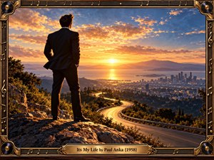 A sharply dressed man stands on a rocky overlook, facing a winding golden road, a sprawling coastal city, calm water, and distant mountains beneath a dramatic sunset. Warm amber light cuts through blue-gray clouds, balancing shadow and hope. The cinematic composition is enclosed by an ornate bronze musical frame with notes, disc-like corners, and an engraved brass title plate.