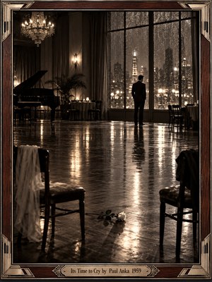 A solitary man stands beside rain-streaked ballroom windows, gazing toward a glowing city skyline. Empty chairs, a fallen white rose, and a silent grand piano evoke heartbreak and loneliness. Warm sepia lighting shimmers across polished floors beneath a crystal chandelier. An ornate Art Deco frame completes the nostalgic, cinematic composition.
