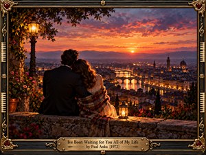 A couple sits close together on a stone terrace overlooking a historic riverside city at sunset. Glowing bridges, golden windows, and distant hills shimmer beneath a dramatic orange and purple sky. Warm lanterns illuminate flowers and ivy, while an ornate black and gold musical frame enhances the romantic, nostalgic, cinematic atmosphere.