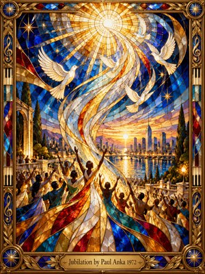 A radiant stained glass mosaic captures jubilant figures celebrating beneath soaring white doves and swirling ribbons of golden light. A brilliant celestial sun illuminates a waterfront cityscape in sapphire, amber, and ruby hues. Ornate bronze framing, musical motifs, and an engraved title plate complete the uplifting, spiritual composition.