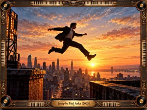 A determined man in a dark suit leaps between weathered rooftops above a sprawling city at sunset. Fiery orange clouds, golden sunlight, and shimmering river reflections create an atmosphere of courage, freedom, and possibility. Cinematic realism, dramatic silhouettes, glowing windows, and an ornate bronze music frame amplify the artworks triumphant energy.