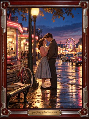 A young couple shares a tender moment beneath a glowing streetlamp on a rainy 1950s evening. Neon diner lights, vintage cars, and a distant Ferris wheel illuminate reflective pavement. Warm amber and pink contrast with deep blue twilight. Cinematic photographic styling and an ornate wooden frame evoke innocent romance and nostalgia.