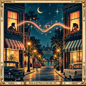 Two young lovers gaze from opposite glowing windows above a rain-slick 1960s street. A swirling ribbon of rosy light and tiny hearts bridges the distance beneath a starry teal sky. Vintage cars, lampposts, and distant waterfront lights cast amber reflections. Ornate gold telephone-cord framing completes the nostalgic, romantic illustration.