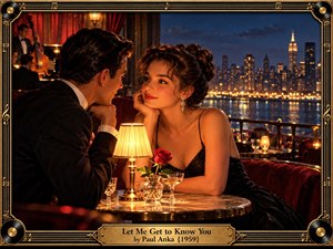 An elegantly dressed couple share an intimate moment in a luxurious vintage jazz lounge overlooking a glittering nighttime skyline. Warm amber lamplight illuminates their faces, a red rose, crystal glasses, and plush burgundy seating. Ornate golden musical detailing frames the cinematic scene, evoking romance, vulnerability, and timeless mid-century sophistication.