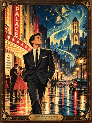A smiling young man in a dark suit strolls through a rain-soaked 1950s city, surrounded by glowing theater lights, vintage cars, and dancing couples. Golden bells and swirling musical notes illuminate the starry blue sky. Warm reflections, vibrant red accents, and ornate brass framing create a romantic, nostalgic screenprint.