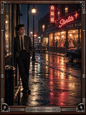 A lonely young man stands beneath a streetlamp on a rain-soaked 1950s street, gazing wistfully toward a glowing dance hall. Red neon and golden reflections shimmer across wet pavement, contrasting with deep blue shadows. Cinematic photographic realism captures nostalgic heartbreak, enclosed within an ornate wood-and-chrome musical frame.