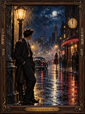 A solitary young man watches a woman disappear along a rain-soaked 1950s city street beneath a luminous moon. Golden streetlamps and crimson neon shimmer across dark blue pavement. Vintage cars, distant skyscrapers, and a midnight clock deepen the romantic melancholy. Expressive oil brushwork fills an ornate, music-inspired wooden frame.