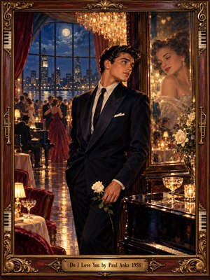 A wistful young man holding a white rose gazes toward a womans luminous reflection in a glamorous ballroom. Golden chandeliers illuminate dancing couples, velvet furnishings, and a polished piano, while moonlight spills across the skyline. Rich oil-painted blues and burgundy glow within an ornate, music-inspired bronze frame.