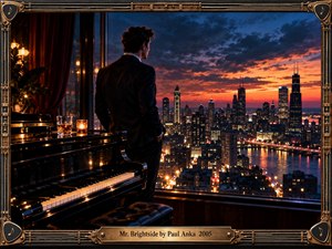 A sharply dressed man stands pensively before a floor-to-ceiling window overlooking a glittering city and river beneath a fiery orange and deep blue sunset. A polished grand piano, amber whiskey, and candlelight enrich the foreground. Ornate bronze framing, dramatic shadows, and cinematic lighting create a sophisticated atmosphere of jealousy, longing, and restless introspection.