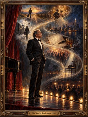 A silver-haired performer stands proudly beneath golden stage lights, surrounded by swirling memories of distant roads, romance, city skylines, and applauding crowds. Rich oil brushstrokes blend midnight blue, burgundy, and amber into a reflective, triumphant atmosphere. An ornate carved frame with musical accents and an engraved title plate completes the composition.