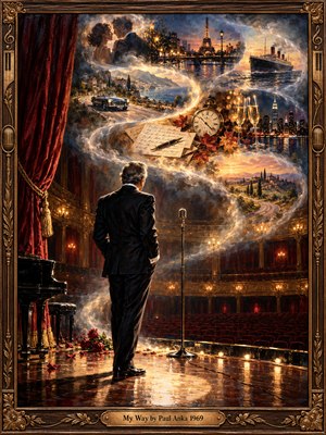 A silver-haired performer stands alone on a gleaming theater stage, facing empty velvet seats and golden balconies. Above him, luminous memories of romance, travel, celebration, and passing time spiral through smoky light. Rich burgundy, amber, and midnight blue oil brushwork creates bittersweet grandeur, enclosed by an ornate musical frame.