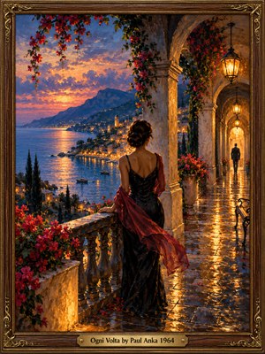 A woman in a black dress and crimson shawl overlooks a glowing Italian coastline at sunset. A solitary man walks beneath lantern-lit arches. Bougainvillea, shimmering water, and rain-polished stone evoke wistful romance. Rich impressionist oil brushwork blends violet twilight with golden light, surrounded by an ornate wooden frame and engraved brass title plate.