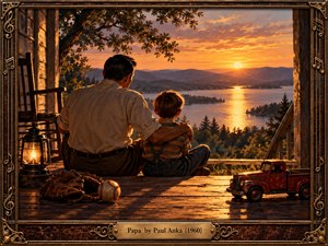 A father sits with his young son on a weathered wooden porch, his arm resting protectively around the boy as they watch the sun set over a tranquil lake and distant mountains. Golden light warms their silhouettes, while a glowing lantern, baseball glove, and red toy truck evoke childhood memories. Ornate antique wood and brass framing completes the nostalgic painting.