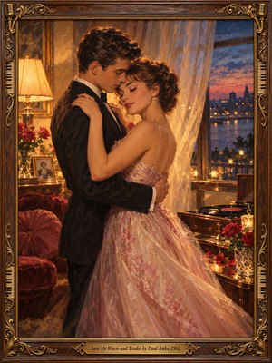 A tender couple embraces in a softly illuminated 1960s room, surrounded by crimson roses, a vintage record player, and flowing curtains. Golden lamplight warms her pink gown against his dark suit, while twilight city lights shimmer beyond the window. Rich oil brushwork and an ornate wooden frame evoke timeless romance.
