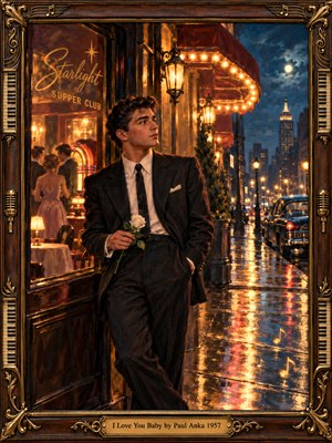 A wistful young man in a dark suit holds a white rose outside a glowing 1950s supper club. Golden marquee lights illuminate rain-slick pavement beneath a midnight blue sky, with vintage cars and distant skyscrapers. Rich oil-painted textures, warm reflections, and an ornate musical frame evoke tender, nostalgic romance.