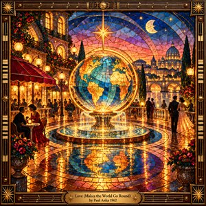 A luminous stained-glass globe crowns a fountain in a romantic riverside plaza, where elegant couples gather beneath glowing cafe lights. Amber, sapphire, rose, and violet mosaic tiles shimmer across reflective pavement under a starry twilight sky. An ornate brass frame with piano keys and musical notes completes the nostalgic scene.