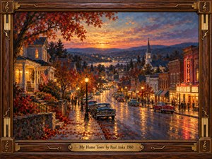 A nostalgic oil painting captures a small American town at autumn twilight, with vintage cars, glowing storefronts, a church steeple, and rain-slick streets reflecting golden lamplight. Crimson foliage frames the winding road beneath a violet sunset. An ornate walnut and brass musical frame completes the warm, sentimental scene.