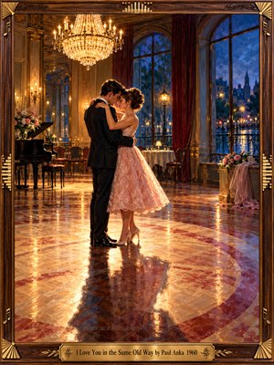 A young couple slow dances beneath a radiant chandelier in an elegant vintage ballroom, their embrace reflected across a polished marble floor. Warm golden light contrasts with the rainy blue city beyond arched windows. Roses, a grand piano, and an ornate wooden frame enhance the nostalgic, romantic oil painting.