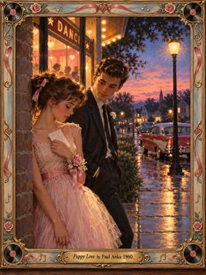 A tender young couple shares a shy moment outside a glowing 1960s dance hall at twilight. Her pink dress and handwritten note contrast with his dark suit. Golden streetlights illuminate rain-slick pavement beneath a lavender sunset. Romantic oil painting textures and an ornate musical frame evoke innocent love and nostalgia.