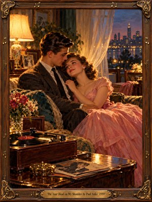 A tender young couple embraces on a velvet sofa in a nostalgic 1950s living room. Warm golden lamplight illuminates her flowing pink dress, vintage record player, and delicate roses. Beyond sheer curtains, city lights shimmer against blue twilight. Rich oil painting textures and an ornate musical frame enhance the romantic atmosphere.