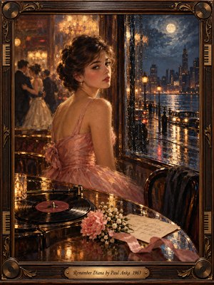 A wistful young woman in a rose-colored gown gazes over her shoulder beside a rain-streaked window overlooking a moonlit city. Warm amber ballroom lights contrast with cool blue streets. A vinyl record, flowers, and handwritten letter evoke lost romance in this richly textured oil painting, enclosed by ornate musical woodwork.