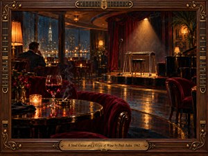 A solitary man sits in a smoky 1960s lounge overlooking a rain-soaked city. A steel guitar glows beneath amber stage lights, while red wine and candlelight illuminate the foreground. Deep burgundy upholstery, golden reflections, rich oil-painted textures, and an ornate walnut-and-brass frame evoke romantic melancholy and nostalgic elegance.