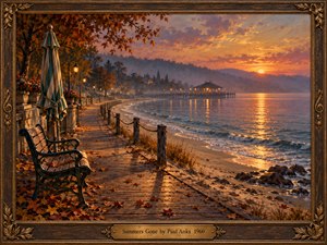 An empty bench and folded umbrella overlook a quiet shoreline at sunset. Autumn leaves scatter across a curving wooden boardwalk, while lanterns lead toward a distant pavilion. Golden reflections shimmer on blue water beneath a rose and lavender sky. Rich oil-painted textures and an ornate bronze frame evoke bittersweet nostalgia.