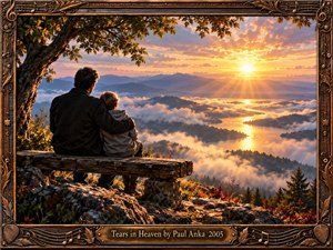 A father and child sit together on a weathered wooden bench overlooking misty valleys and winding water beneath a radiant sunset. Golden rays pierce rose and amber clouds, illuminating distant mountains. Rich foliage frames the scene, while an ornate bronze and wood border features musical notes, carved leaves, scrollwork, and an engraved title plate.