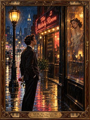A young man holding a red rose gazes toward a woman behind rain-streaked glass outside a 1950s music club. Amber streetlamps and crimson neon shimmer across wet pavement beneath a midnight-blue skyline. Rich oil-paint textures, vintage cars, and an ornate musical wooden frame heighten the scenes tender longing and romantic anticipation.