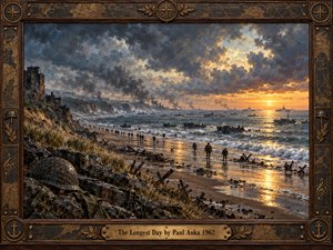 A dramatic oil painting captures soldiers crossing a war-torn beach beneath towering storm clouds. Landing craft, scattered obstacles, and distant smoke evoke sacrifice and endurance. Golden sunlight illuminates turbulent waters and reflective sand, contrasting with somber blue-gray shadows. An ornate bronze frame with nautical motifs surrounds the solemn scene.