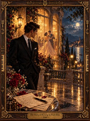 A wistful young man in a dark suit stands on a moonlit terrace, watching a couple dance inside a glowing ballroom. Red roses, handwritten letters, and shimmering waterfront lights evoke nostalgic romance. Rich midnight blues and golden highlights illuminate this detailed oil painting, enclosed within an ornate wood-and-brass musical frame.
