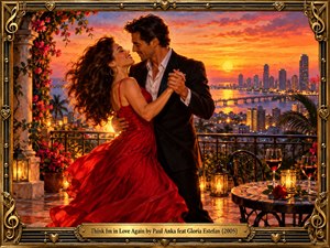 A couple slow-dances on a flower-filled rooftop terrace overlooking a coastal city at sunset. Her flowing red gown contrasts with his dark suit as golden light reflects across the water. Candlelit lanterns, roses, and ornate brass details create a nostalgic, cinematic atmosphere of rekindled romance and tender anticipation.