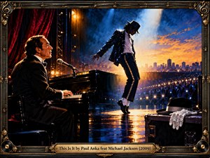 A dramatic, painterly concert scene features a tuxedoed pianist at a grand piano and a sequined dancer silhouetted against brilliant blue and golden spotlights. A glowing city skyline and shimmering audience lights create an atmosphere of nostalgia and grandeur, enclosed by an ornate gold musical frame with a finely engraved title plate.