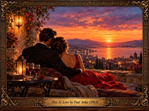An elegantly dressed couple embraces on a flower-lined terrace overlooking a Mediterranean harbor at sunset. Fiery orange, crimson, and violet clouds illuminate shimmering water and distant mountains. Candlelight warms the intimate foreground, while ornate antique wood and brass framing, musical motifs, and an engraved title plate evoke timeless romance and nostalgic cinematic elegance.