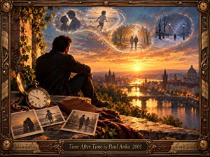 A contemplative man sits above a glowing river city at sunset, surrounded by an antique pocket watch, sepia photographs, and a leather journal. Golden ribbons trace an S-curve through translucent memories of love, childhood, autumn, and winter. Rich cinematic realism blends amber light, dusky blue skies, and ornate bronze clockwork framing.
