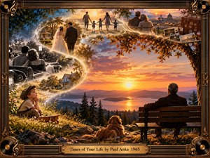 A richly detailed nostalgic scene frames an older man and his golden dog watching a glowing sunset over a mountain lake. A luminous S-curve winds through softly blended memories of childhood, romance, family, travel, and vintage photographs. Amber light, autumn foliage, and ornate bronze musical details create a warm, cinematic, painterly atmosphere of reflection.