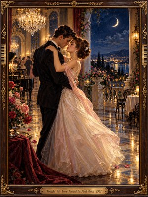 A couple in a black tuxedo and flowing ivory gown embraces beneath glowing chandeliers in a romantic ballroom. Roses, candlelight, and a grand piano surround them, while a crescent moon illuminates distant harbor lights. Warm gold and midnight blue oil-painted tones glow within an ornate musical frame.